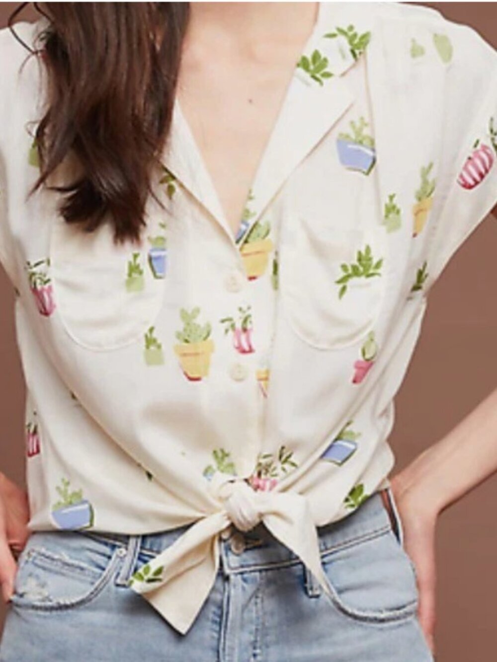 Anthropologie Maeve Cactus Plant Short Sleeve Button Up Blouse Size XS